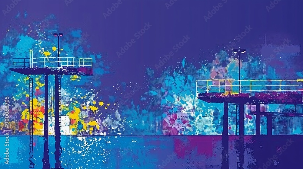 Poster detailed illustration of high diving platforms and pools with splash patterns in bright blue and pur