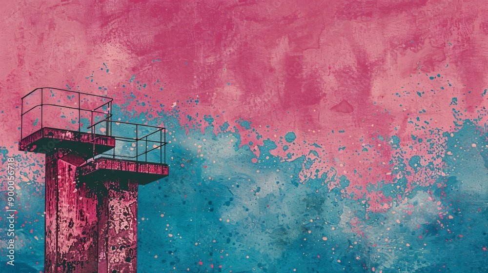 Poster detailed illustration of high diving platforms and pools with splash patterns in bright blue and pur