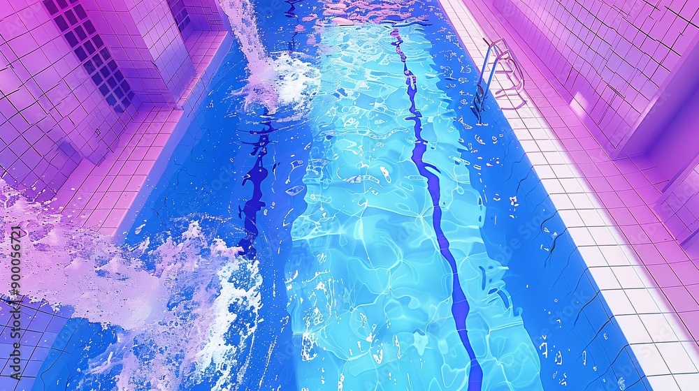 Poster detailed illustration of high diving platforms and pools with splash patterns in bright blue and pur