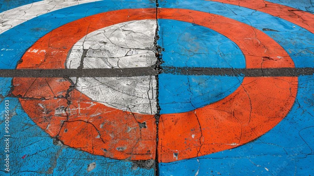 Poster minimalist handball court with clean lines and circular goal patterns in bright blue and red tones s