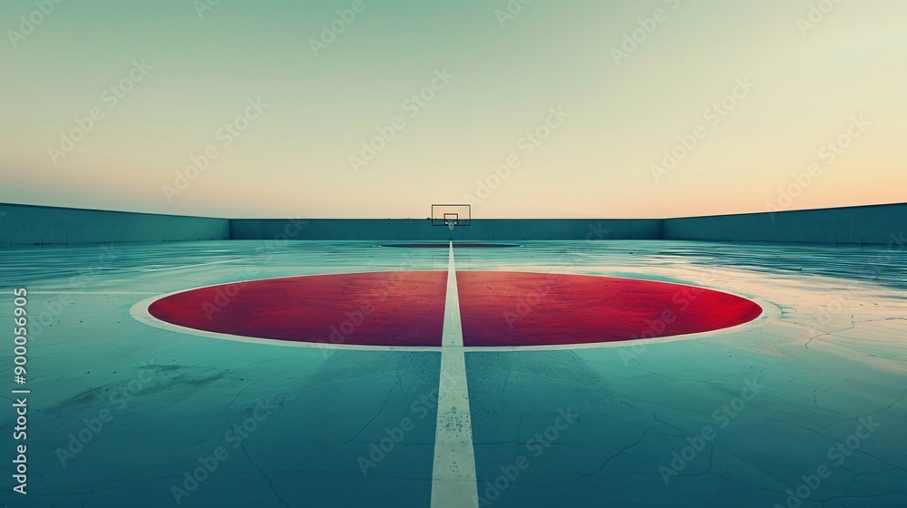 Poster minimalist handball court with clean lines and circular goal patterns in bright blue and red tones s