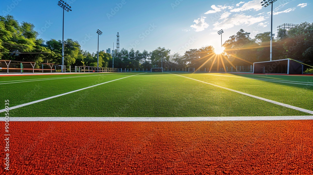 Poster geometric hockey field with straight lines and angular stick shapes in bright orange and green stock