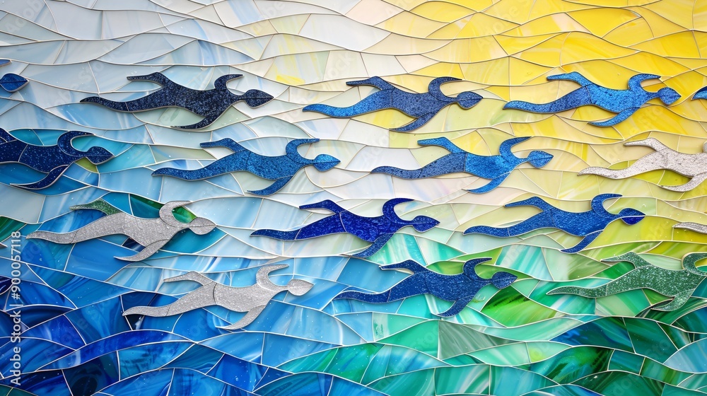 Poster Abstract marathon swimming course with wave-like patterns and streamlined swimmer shapes in bright blue and green Stock Photo with copy space