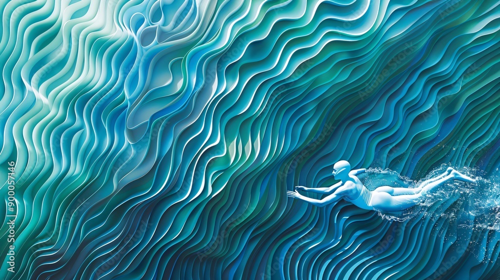 Poster Abstract marathon swimming course with wave-like patterns and streamlined swimmer shapes in bright blue and green Stock Photo with copy space