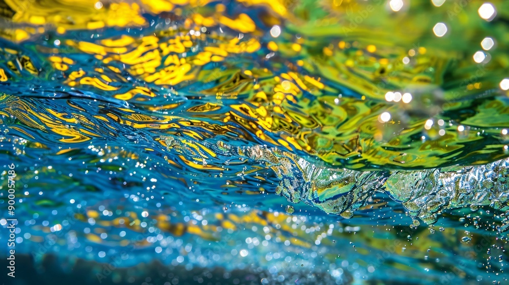 Poster Abstract marathon swimming course with wave-like patterns and streamlined swimmer shapes in bright blue and green Stock Photo with copy space
