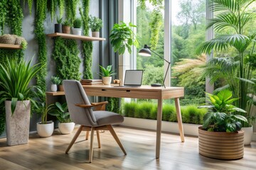 Fototapeta premium Modern minimalist desk setup with a wooden and white table, surrounded by lush green plants, accompanied by a fabric armchair, exuding a serene contemporary interior ambiance.