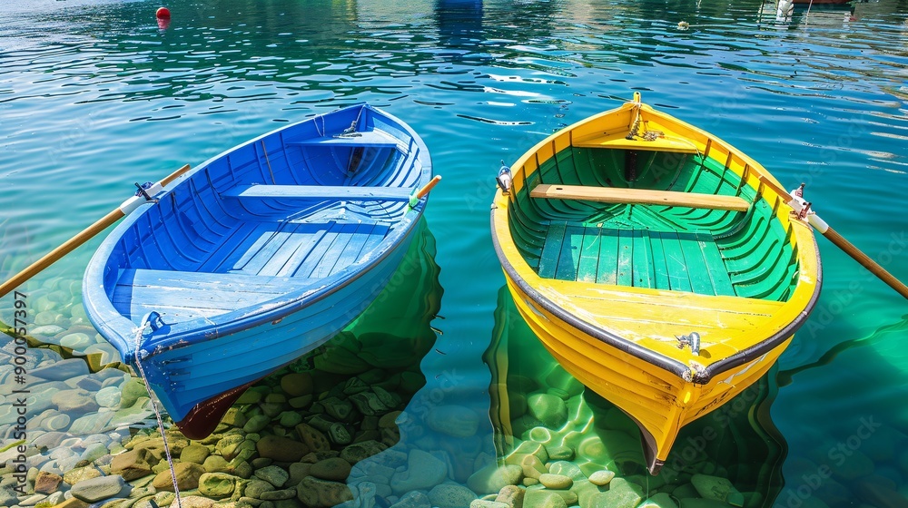 Poster Streamlined rowing boats and oars with wave patterns in vibrant blue and green Stock Photo with copy space
