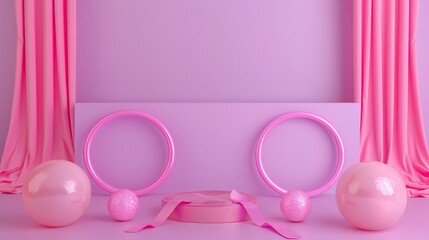 Minimalist rhythmic gymnastics apparatus including ribbons, hoops, and balls with fluid patterns in bright purple and pink Stock Photo with copy space