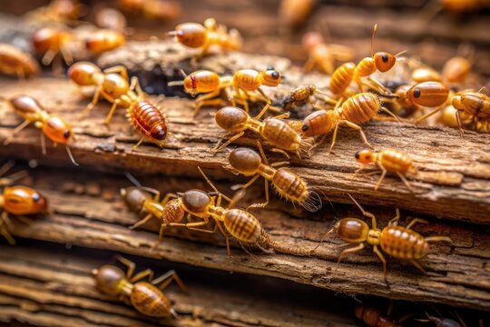 Close-up of termites working together, constructing intricate mud tubes on weathered wooden planks, showcasing their remarkable teamwork and natural behavior in meticulous detail.
