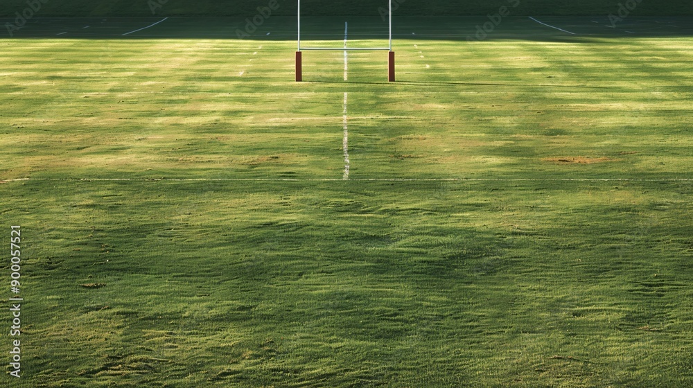 Poster clean rugby sevens field with geometric goalposts and oval ball shapes in bright red and green tones