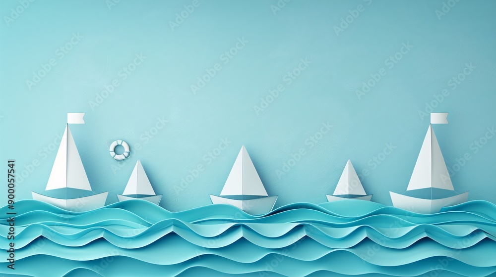 Aufkleber Minimalist sailing boats and sails with wave patterns and triangular sail shapes in bright blue and white Stock Photo with copy space