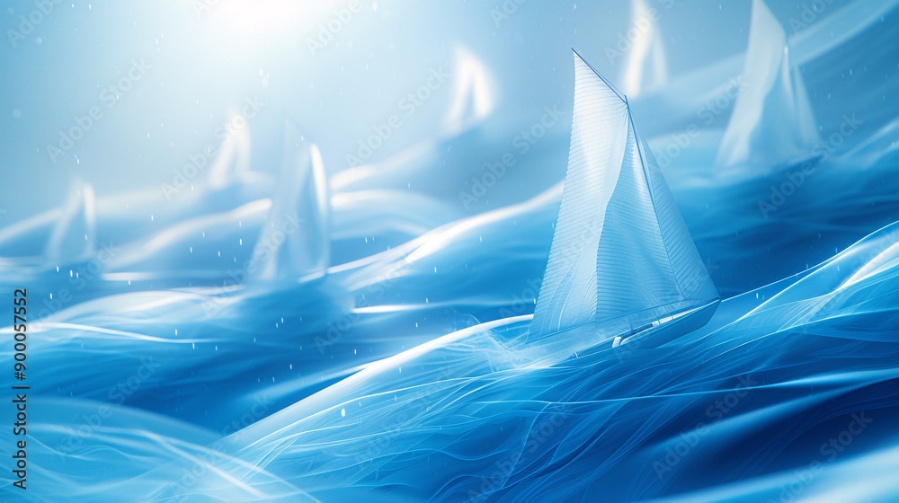 Aufkleber Minimalist sailing boats and sails with wave patterns and triangular sail shapes in bright blue and white Stock Photo with copy space