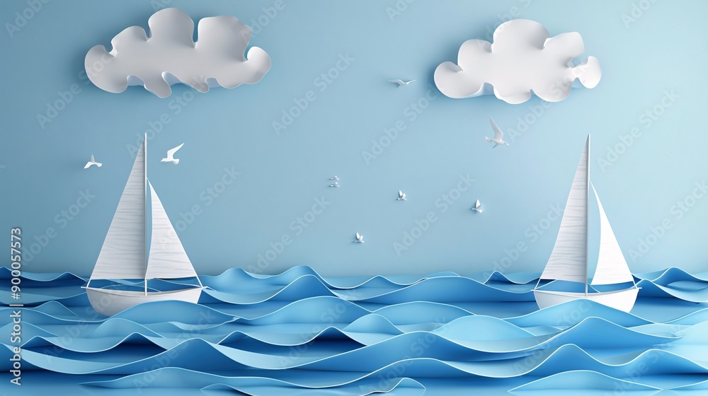 Aufkleber Minimalist sailing boats and sails with wave patterns and triangular sail shapes in bright blue and white Stock Photo with copy space