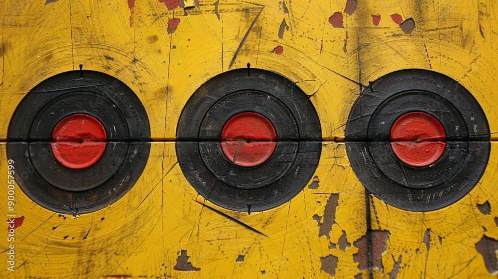 Poster Simple shooting targets and guns with circular target patterns and straight range lines in bright red and yellow Stock Photo with copy space