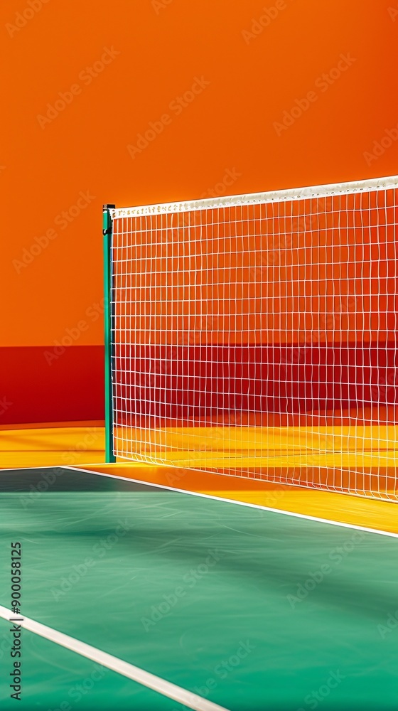 Poster minimalist badminton court with geometric rackets and shuttlecocks, highlighting the net and shuttle