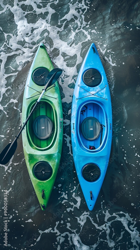 Poster Streamlined canoe and kayak on water courses with wave patterns in bright blue and green Stock Photo with copy space