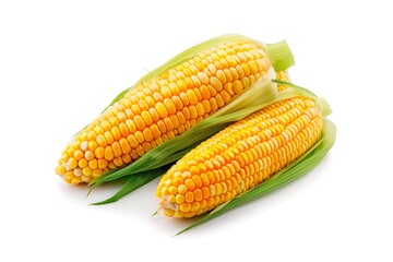 Fresh ears of corn with yellow kernels and green husks on white background, showcasing healthy organic produce.