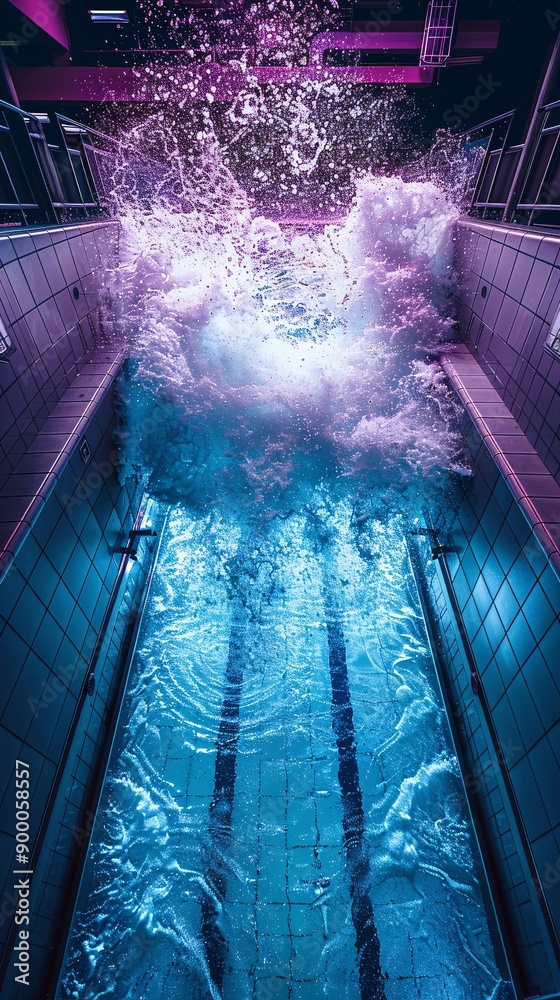 Poster detailed illustration of high diving platforms and pools with splash patterns in bright blue and pur