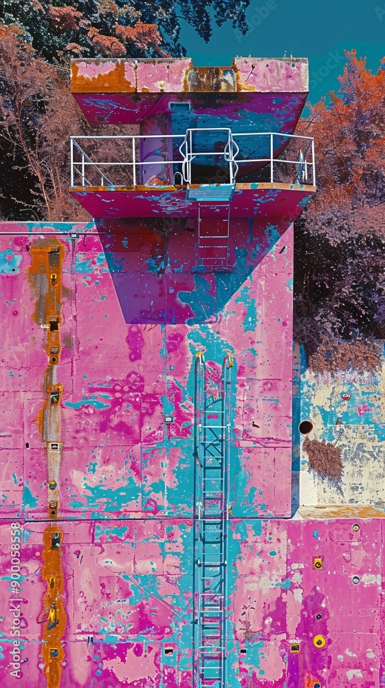 Poster detailed illustration of high diving platforms and pools with splash patterns in bright blue and pur