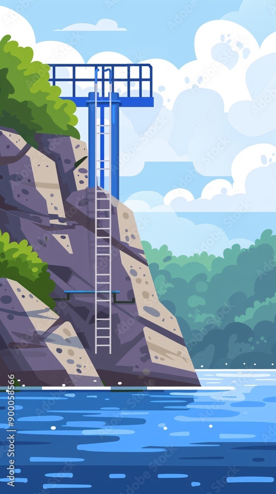 Poster detailed illustration of high diving platforms and pools with splash patterns in bright blue and pur