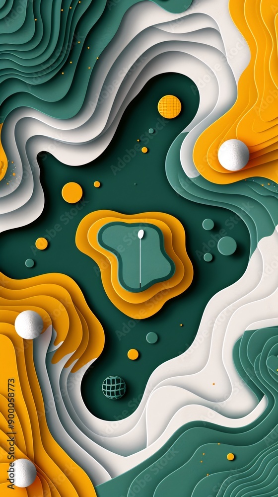 Poster clean golf course illustration with geometric fairway patterns and minimalist club shapes in vibrant