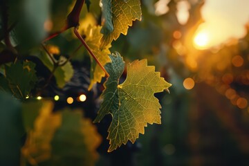 A fantastical vineyard at twilight with luminescent vines in autumn, sunlight filtering through the glowing foliage, banner, with copy space