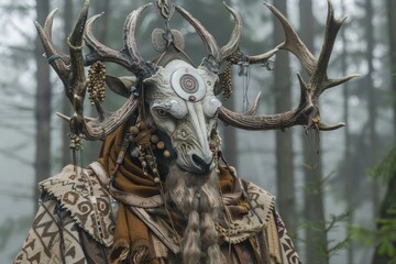 Cultural insight: portrait of a shaman, reflecting authenticity and intimate relationship with nature, spiritual healing, timeless knowledge that embodies shamanic way of life