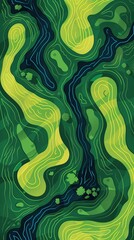 Clean golf course illustration with geometric fairway patterns and minimalist club shapes in vibrant green and yellow Stock Photo with copy space