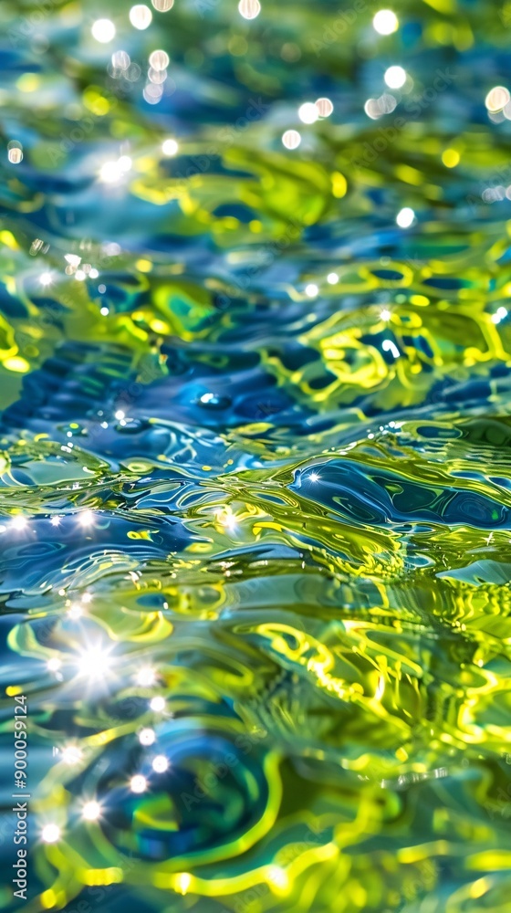 Poster Abstract marathon swimming course with wave-like patterns and streamlined swimmer shapes in bright blue and green Stock Photo with copy space