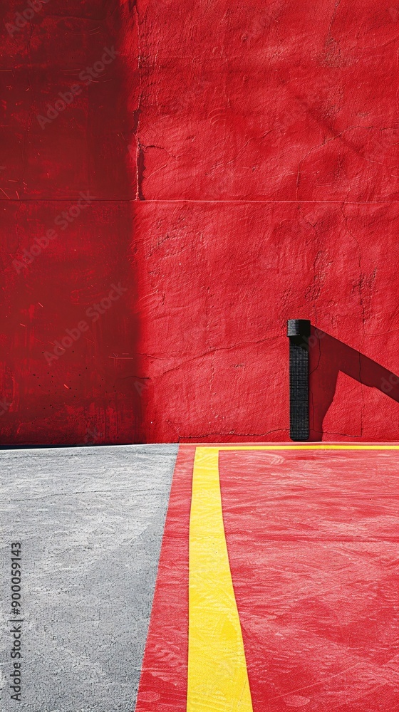 Poster Simple karate dojo with minimalist mat designs and belt patterns in vibrant red and yellow Stock Photo with copy space