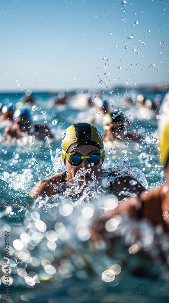 Poster Abstract marathon swimming course with wave-like patterns and streamlined swimmer shapes in bright blue and green Stock Photo with copy space