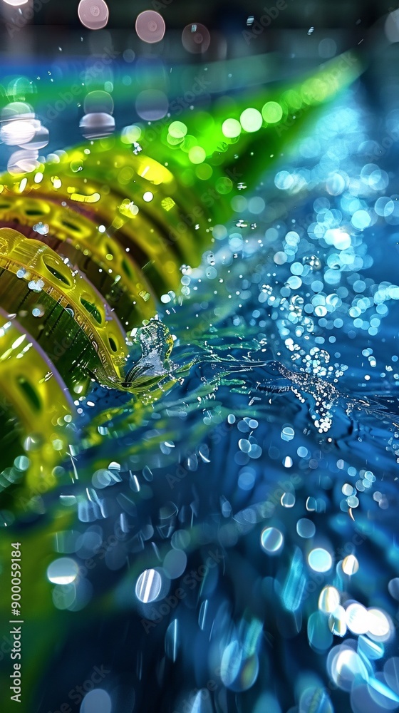 Aufkleber Abstract marathon swimming course with wave-like patterns and streamlined swimmer shapes in bright blue and green Stock Photo with copy space