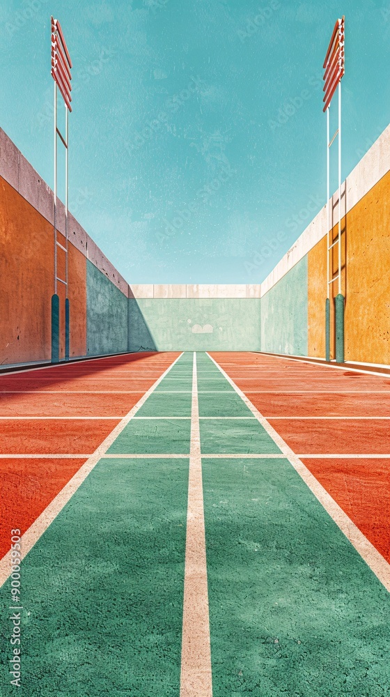 Poster clean rugby sevens field with geometric goalposts and oval ball shapes in bright red and green tones