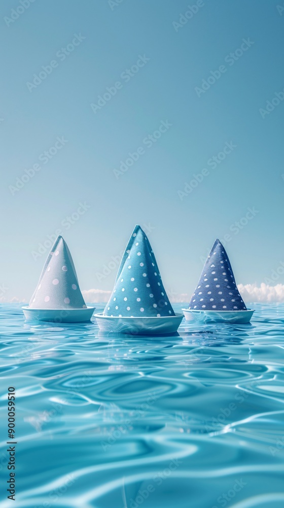 Aufkleber Minimalist sailing boats and sails with wave patterns and triangular sail shapes in bright blue and white Stock Photo with copy space