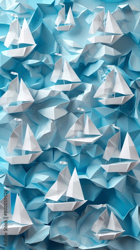 Aufkleber Minimalist sailing boats and sails with wave patterns and triangular sail shapes in bright blue and white Stock Photo with copy space
