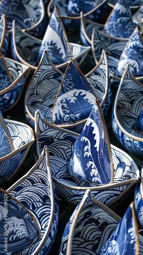 Aufkleber Minimalist sailing boats and sails with wave patterns and triangular sail shapes in bright blue and white Stock Photo with copy space