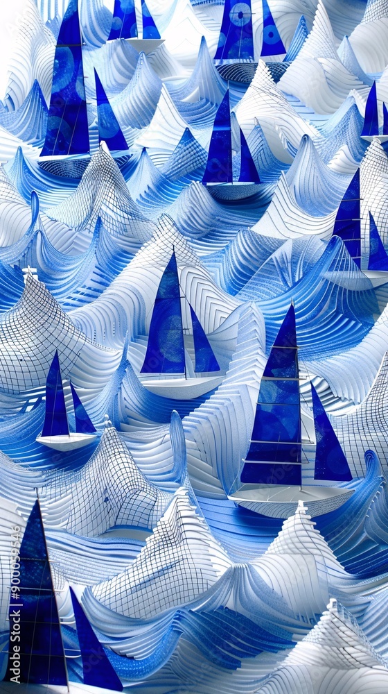 Aufkleber Minimalist sailing boats and sails with wave patterns and triangular sail shapes in bright blue and white Stock Photo with copy space