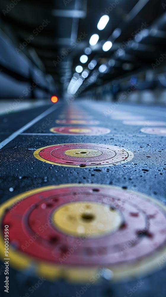 Poster Simple shooting targets and guns with circular target patterns and straight range lines in bright red and yellow Stock Photo with copy space