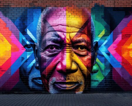 Cultural impact of influential leaders depicted in a public mural, Pop Art, Bright colors, Illustration