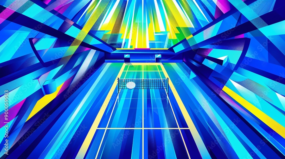 Poster clean geometric depiction of a badminton court with minimalist net and shuttlecock designs in bright