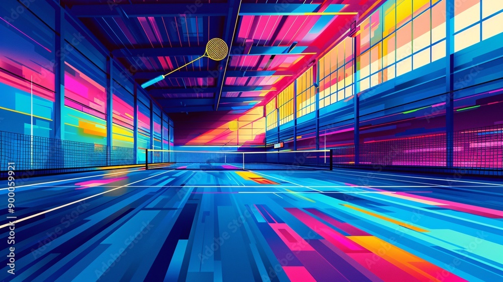 Poster clean geometric depiction of a badminton court with minimalist net and shuttlecock designs in bright