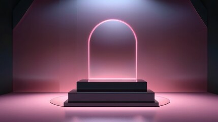 Aestheticism meets 3D render as a pink neon light shines through a glass case with circular illumination