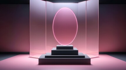 Fototapeta premium A 3D render showcases a pink neon light shining through a glass case with a circular light, aestheticism