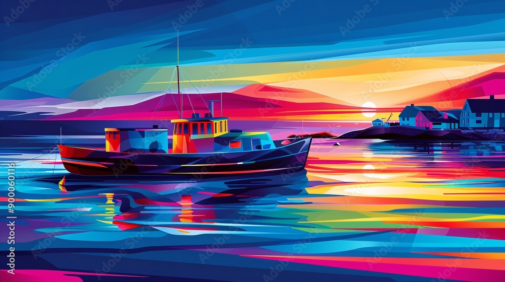 Poster Abstract representation of canoe and kayak on water with sleek boat shapes and wave patterns in bright green and purple tones Stock Photo with copy space