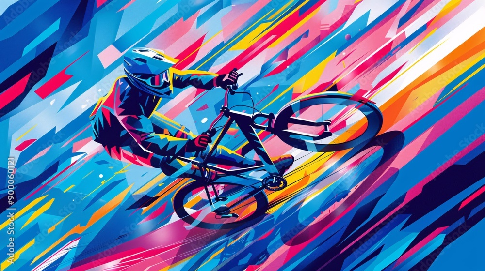 Poster Minimalist geometric illustration of a cycling track with bikes in curved and streamlined forms using vibrant red and blue colors Stock Photo with copy space