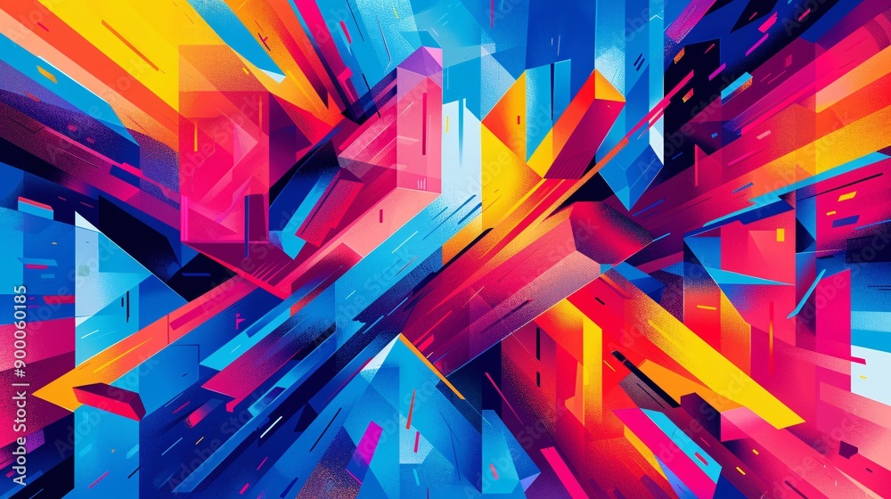 Poster abstract cubist-style illustration of equestrian elements such as horses and jumps using geometric s