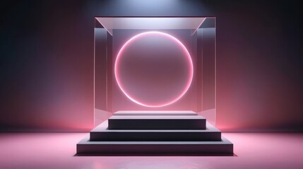 A 3D render showcases a pink neon light shining through a glass case with a circular light, aestheticism