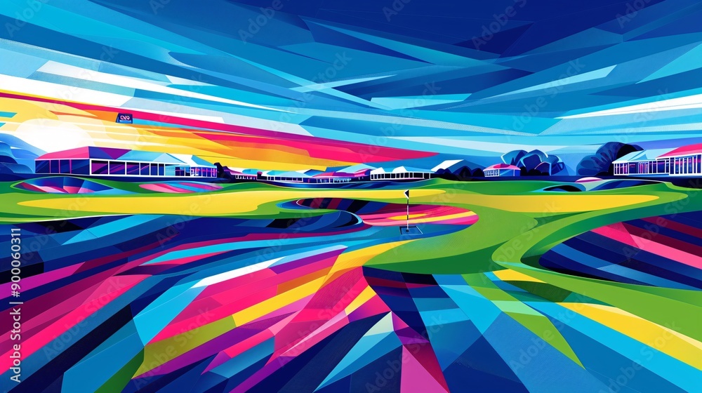 Poster abstract illustration of a golf course with geometric fairway patterns and minimalist club shapes us