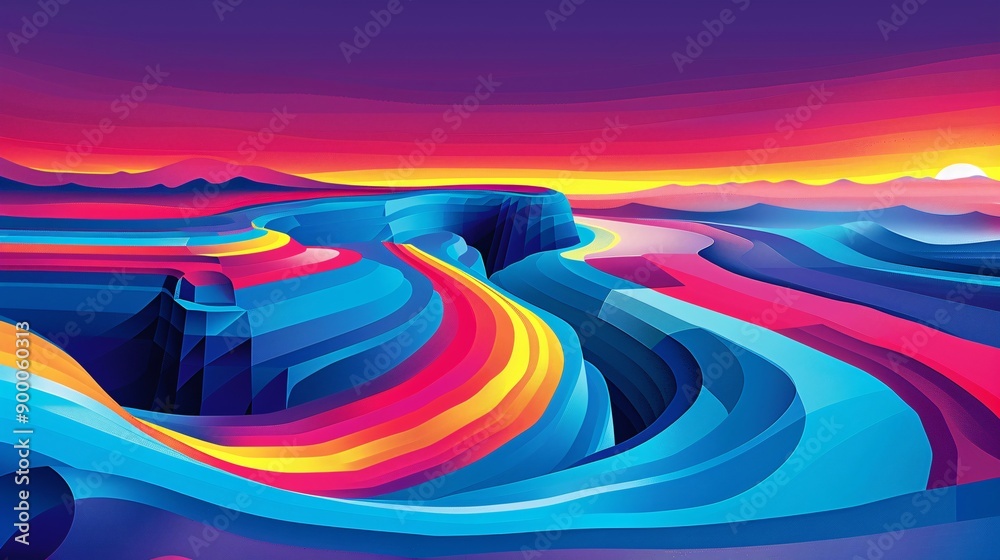Poster abstract illustration of a golf course with geometric fairway patterns and minimalist club shapes us