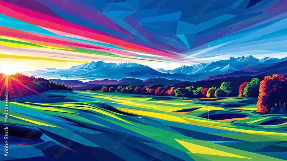 Poster abstract illustration of a golf course with geometric fairway patterns and minimalist club shapes us